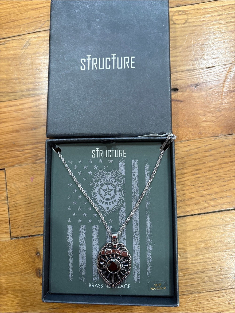 Structure Silver-Tone Badge Pendant police Necklace with Dark Red Stone